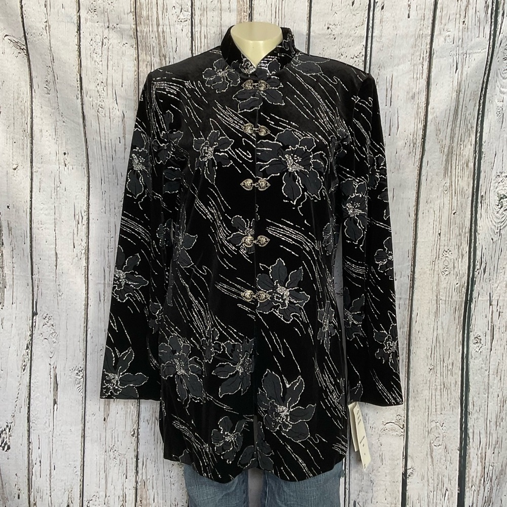 NWT Vintage JBS LTD Velvet & Silver Glitter Flowers Asian Style Tunic Top